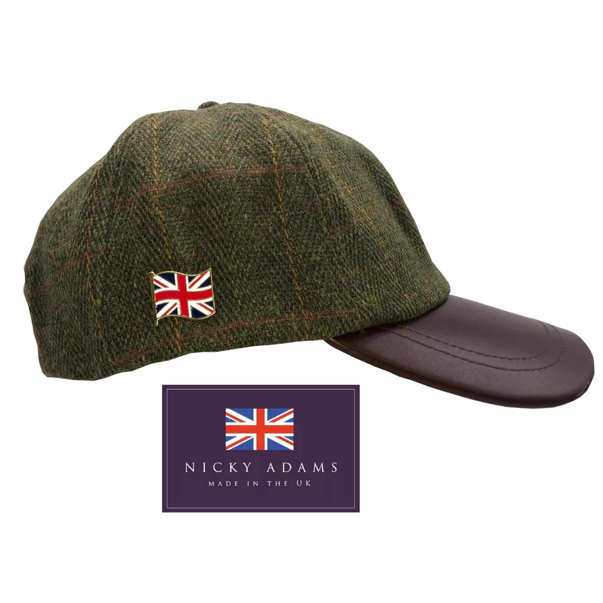 Nicky Adams Tweed Baseball Cap with Leather Peak Traditional Countrywear Hat Green Herringbone